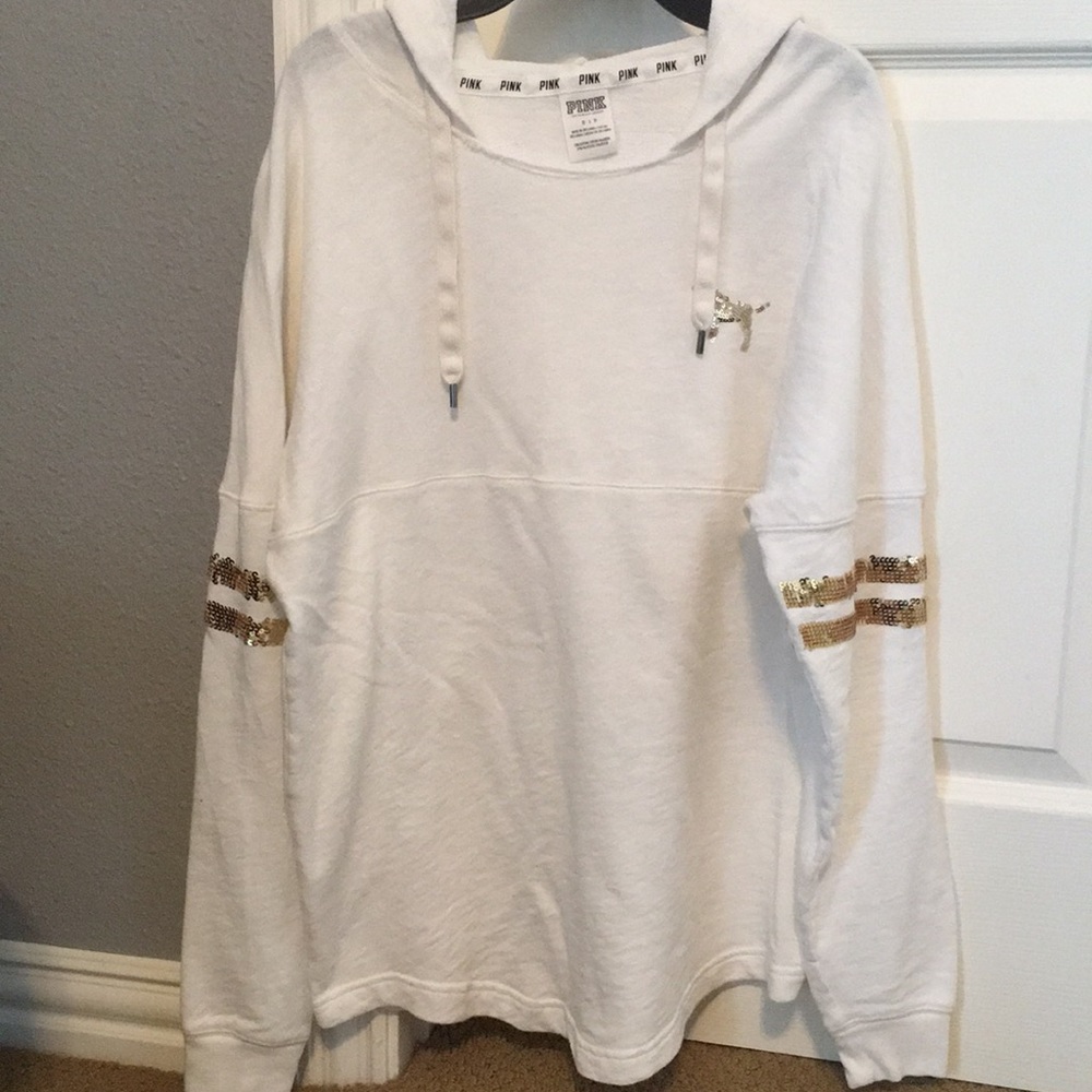 Cream colored PINK brand sequined hooded pullover